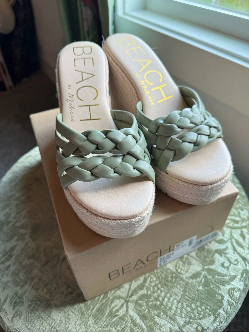 BEACH by Matisse Sage Green Braided Espadrille Wedge Slides